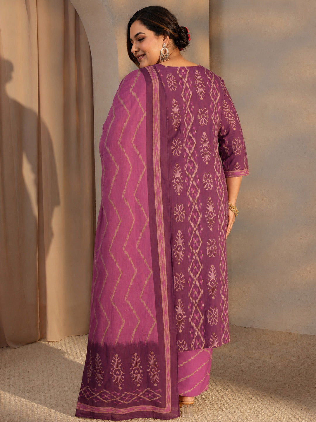 Plus Size Purple Printed Cotton Straight Suit Set With Dupatta