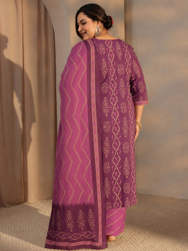 Plus Size Purple Printed Cotton Straight Suit Set With Dupatta