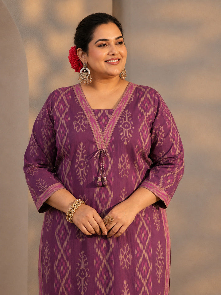 Plus Size Purple Printed Cotton Straight Suit Set With Dupatta