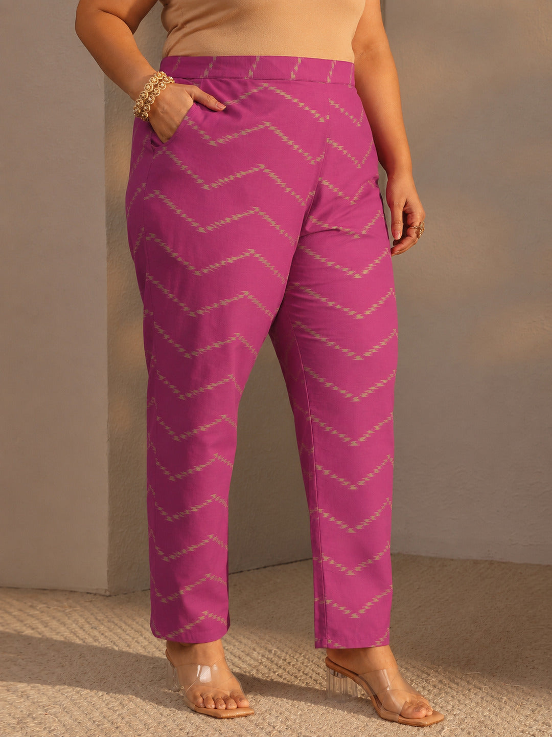 Plus Size Purple Printed Cotton Straight Suit Set With Dupatta