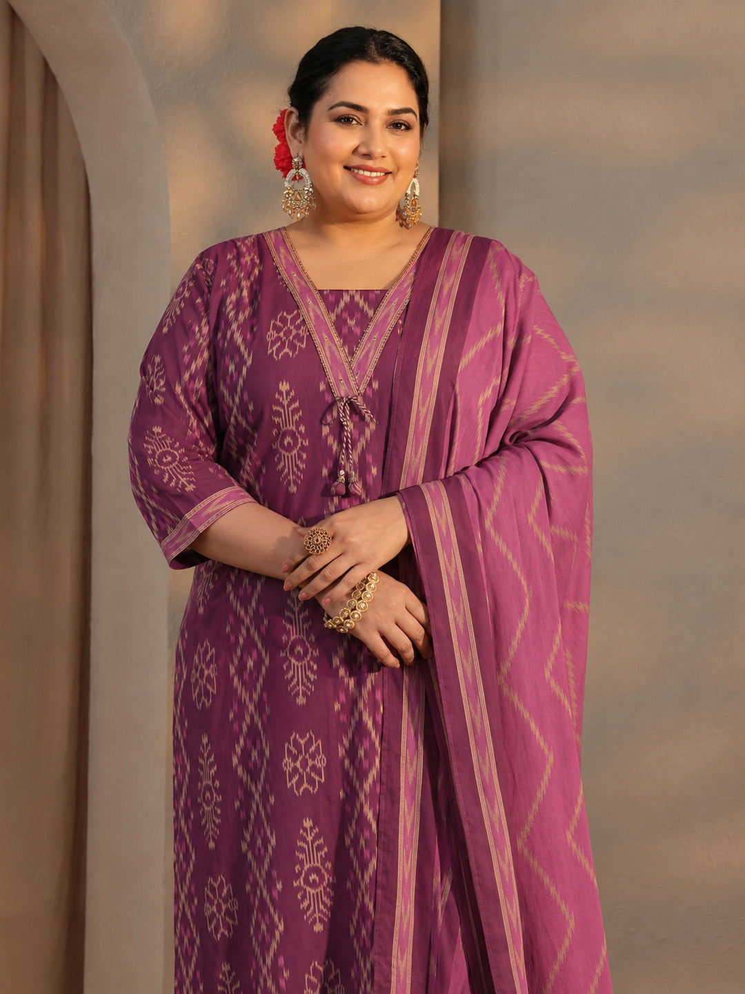 Plus Size Purple Printed Cotton Straight Suit Set With Dupatta