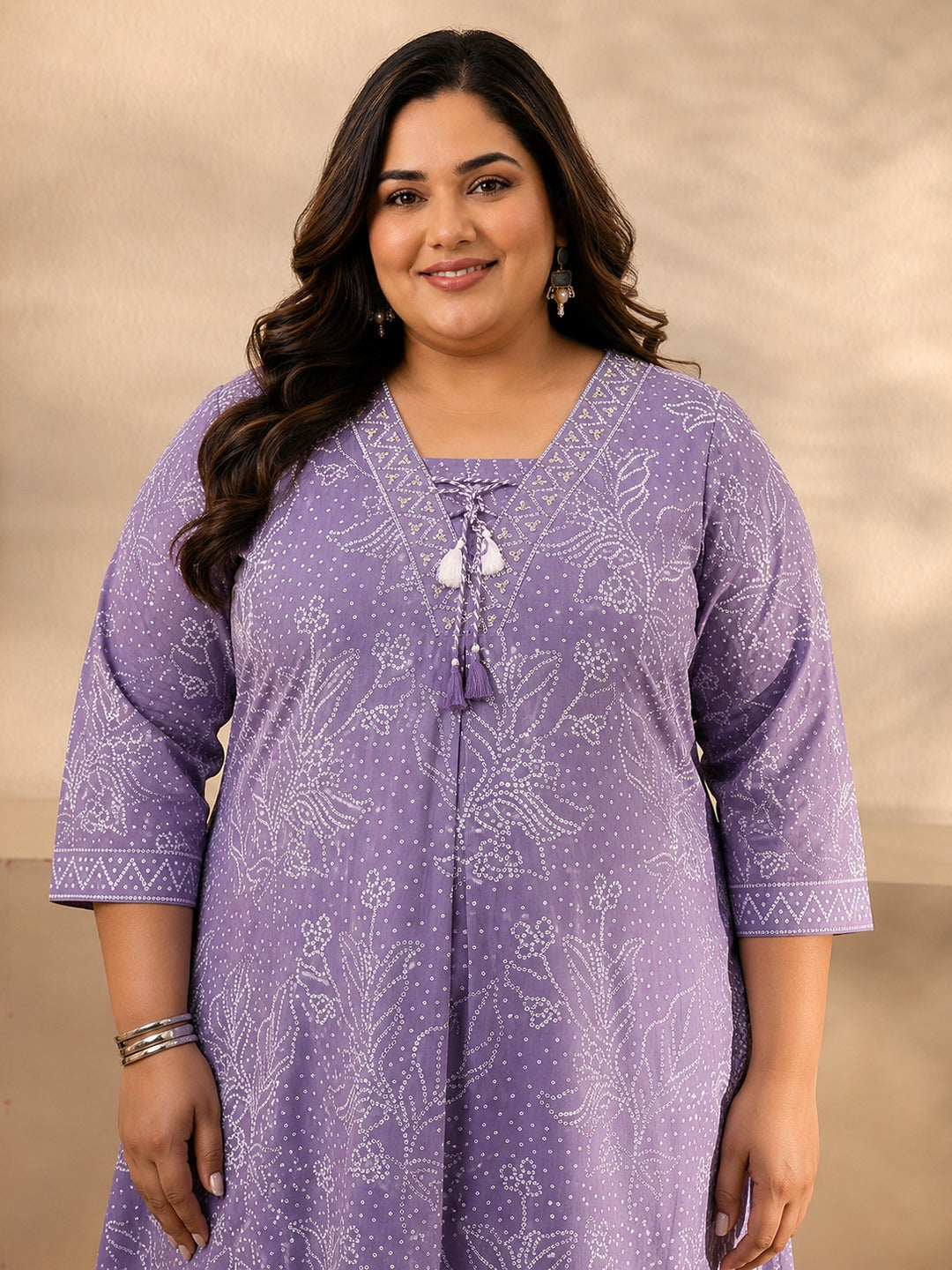 Plus Size Lavender Bandhani Printed Cotton Straight Suit Set With Dupatta