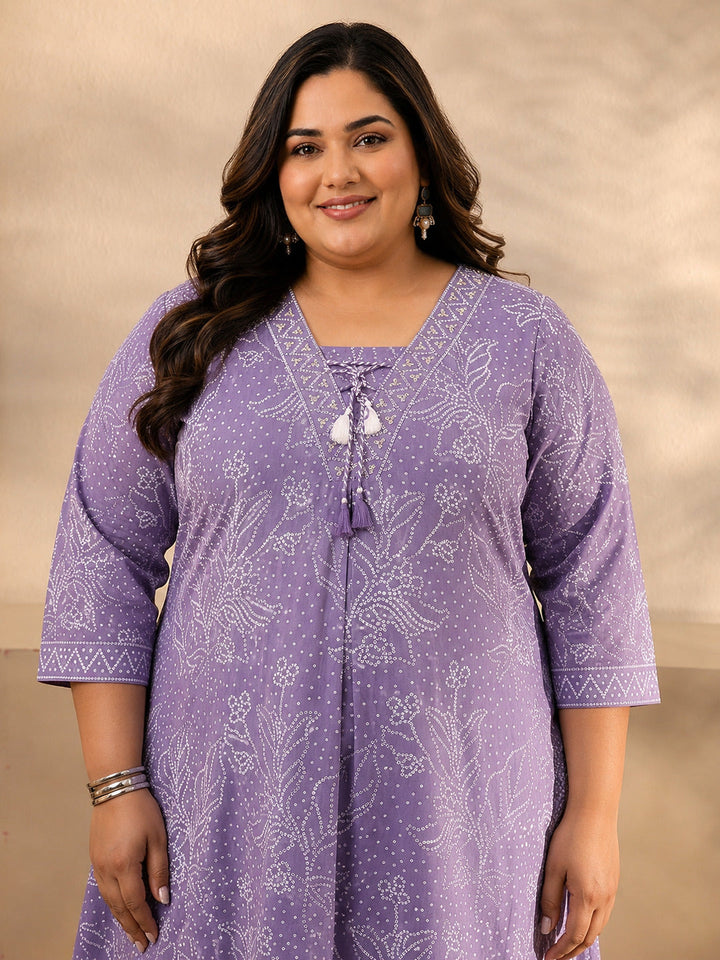 Plus Size Lavender Bandhani Printed Cotton Straight Suit Set With Dupatta