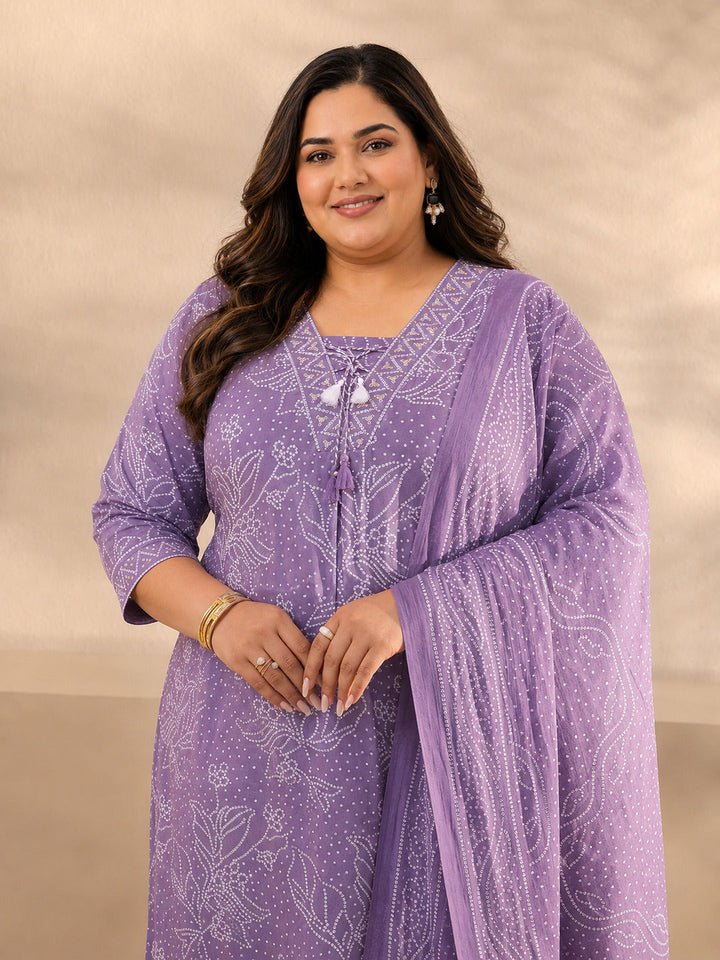 Plus Size Lavender Bandhani Printed Cotton Straight Suit Set With Dupatta