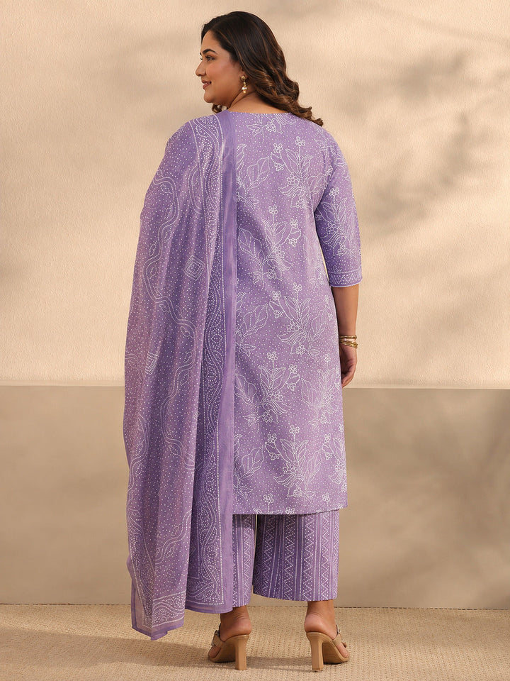 Plus Size Lavender Bandhani Printed Cotton Straight Suit Set With Dupatta