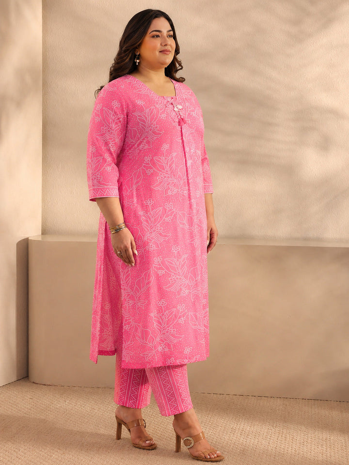 Plus Size Pink Bandhani Printed Cotton Straight Suit Set With Dupatta