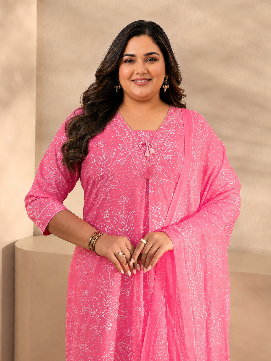 Plus Size Pink Bandhani Printed Cotton Straight Suit Set With Dupatta