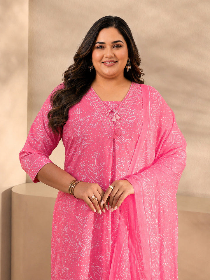 Plus Size Pink Bandhani Printed Cotton Straight Suit Set With Dupatta