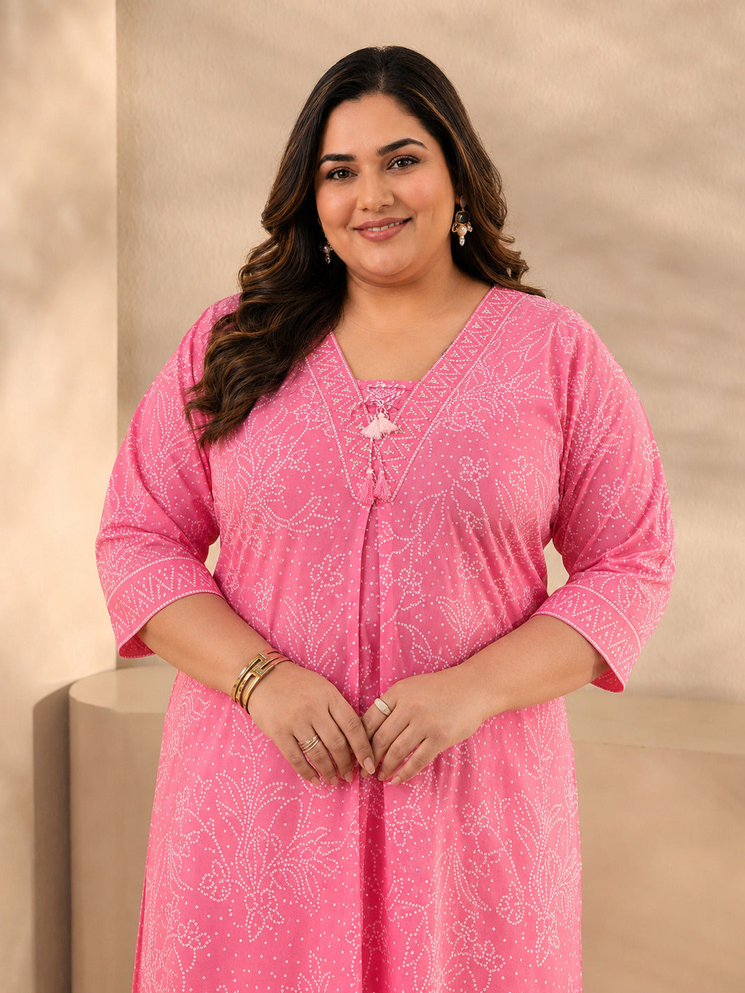 Plus Size Pink Bandhani Printed Cotton Straight Suit Set With Dupatta