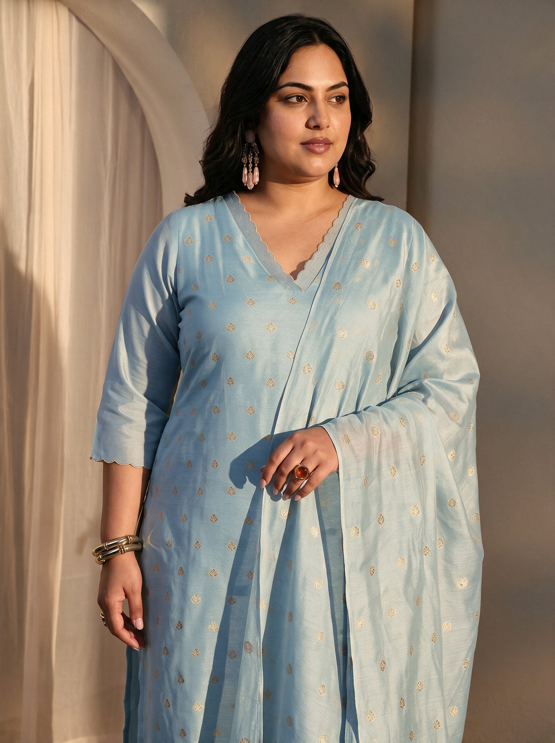 Plus Size Girija Blue Woven Design Chanderi Silk Straight Suit Set With Dupatta