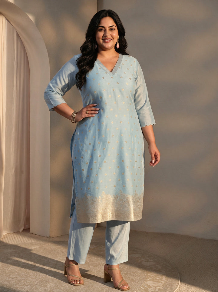 Plus Size Girija Blue Woven Design Chanderi Silk Straight Suit Set With Dupatta