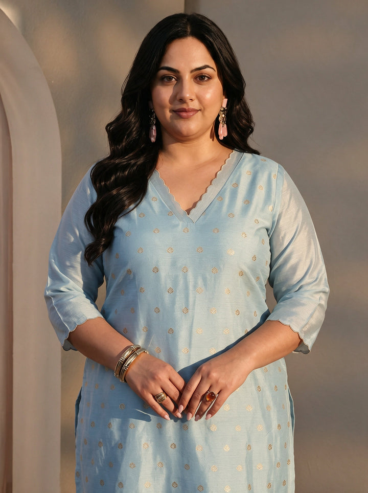 Plus Size Girija Blue Woven Design Chanderi Silk Straight Suit Set With Dupatta