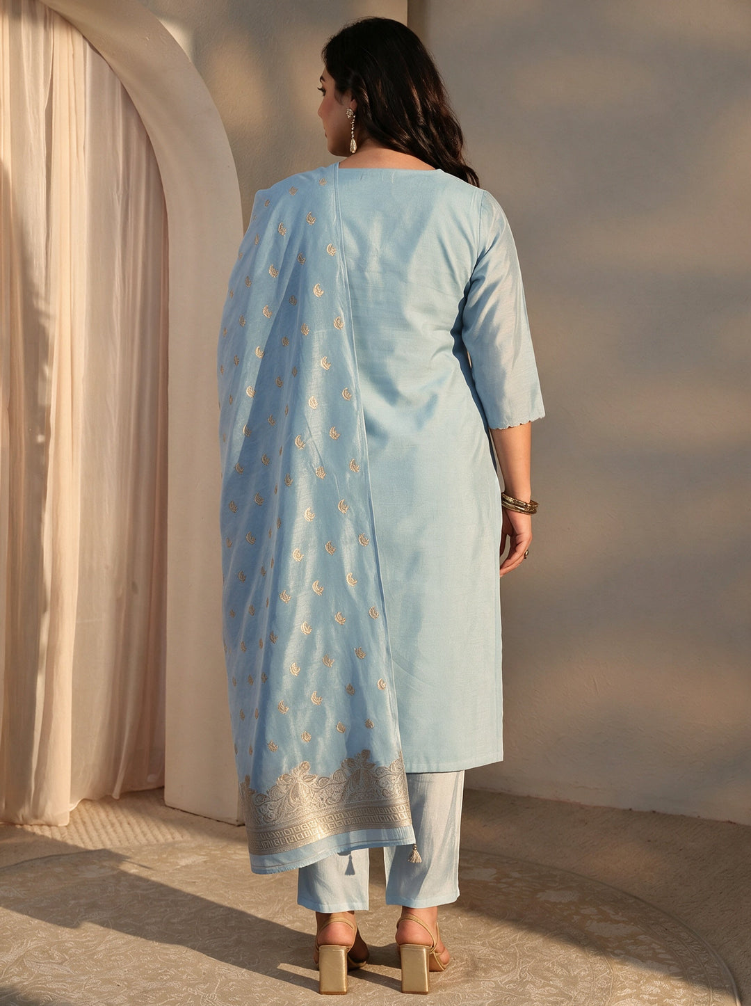 Plus Size Girija Blue Woven Design Chanderi Silk Straight Suit Set With Dupatta