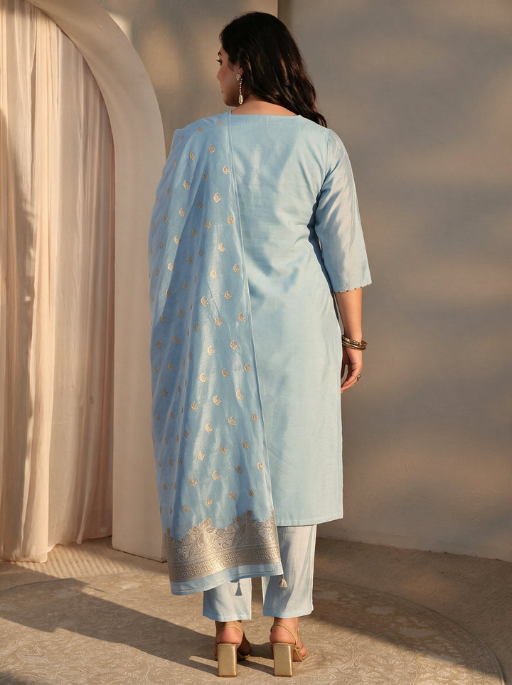 Plus Size Girija Blue Woven Design Chanderi Silk Straight Suit Set With Dupatta