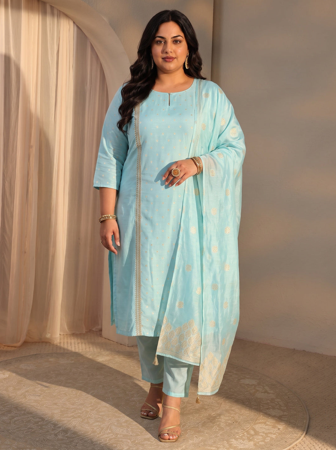 Plus Size Blue Woven Design Chanderi Silk Straight Suit Set