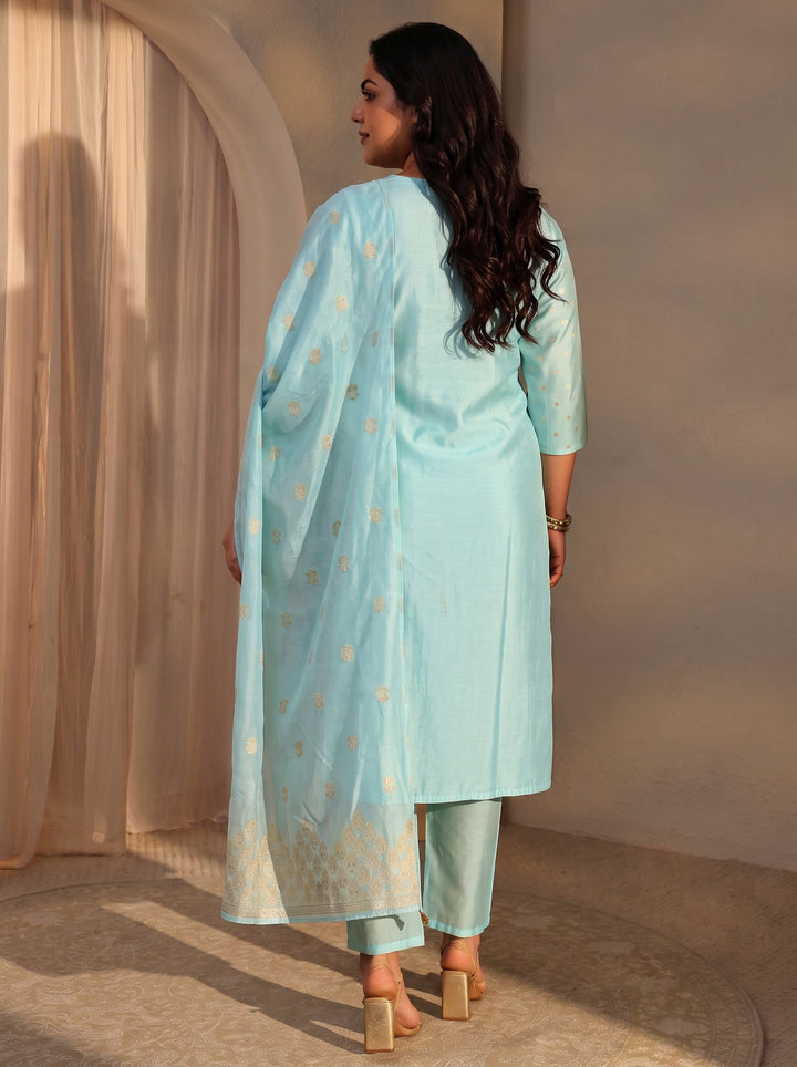 Plus Size Blue Woven Design Chanderi Silk Straight Suit Set