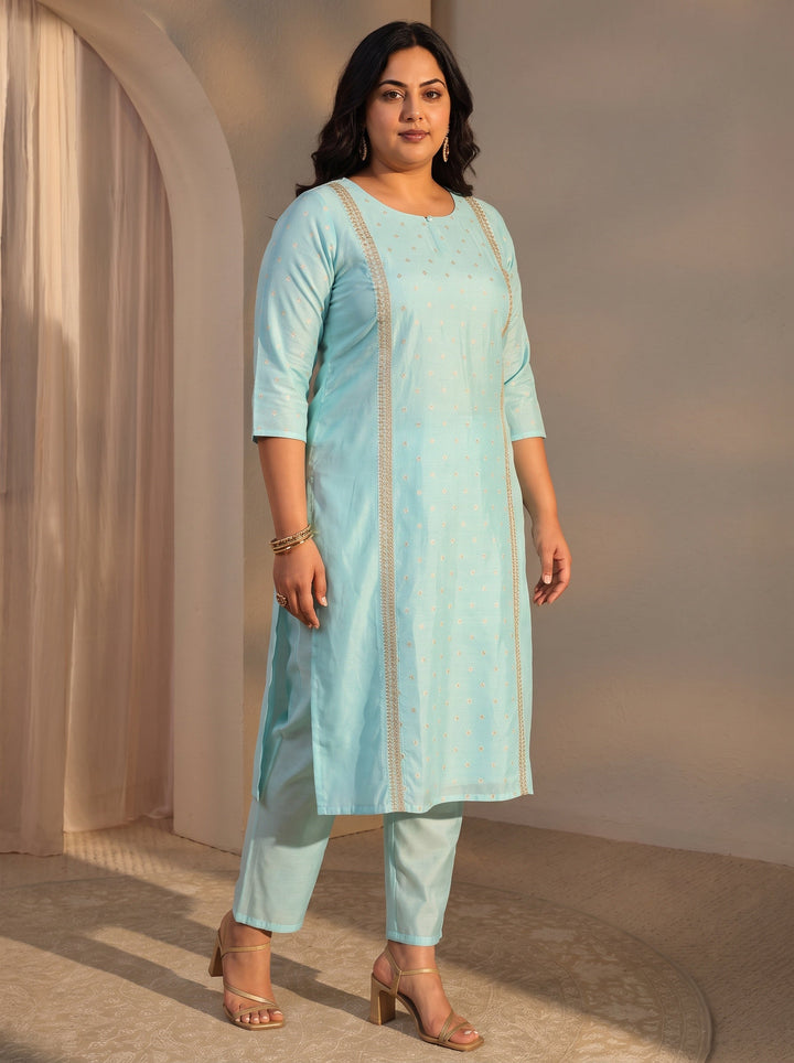 Plus Size Blue Woven Design Chanderi Silk Straight Suit Set