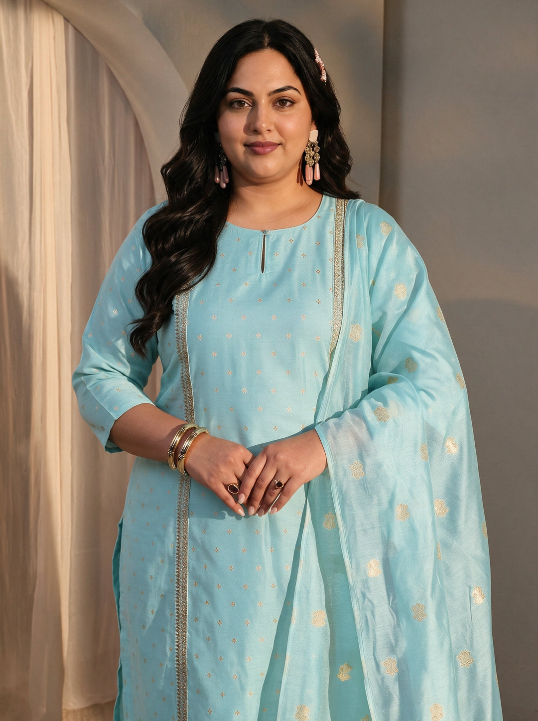 Plus Size Blue Woven Design Chanderi Silk Straight Suit Set