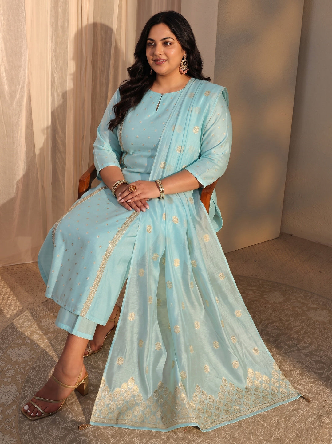 Plus Size Blue Woven Design Chanderi Silk Straight Suit Set