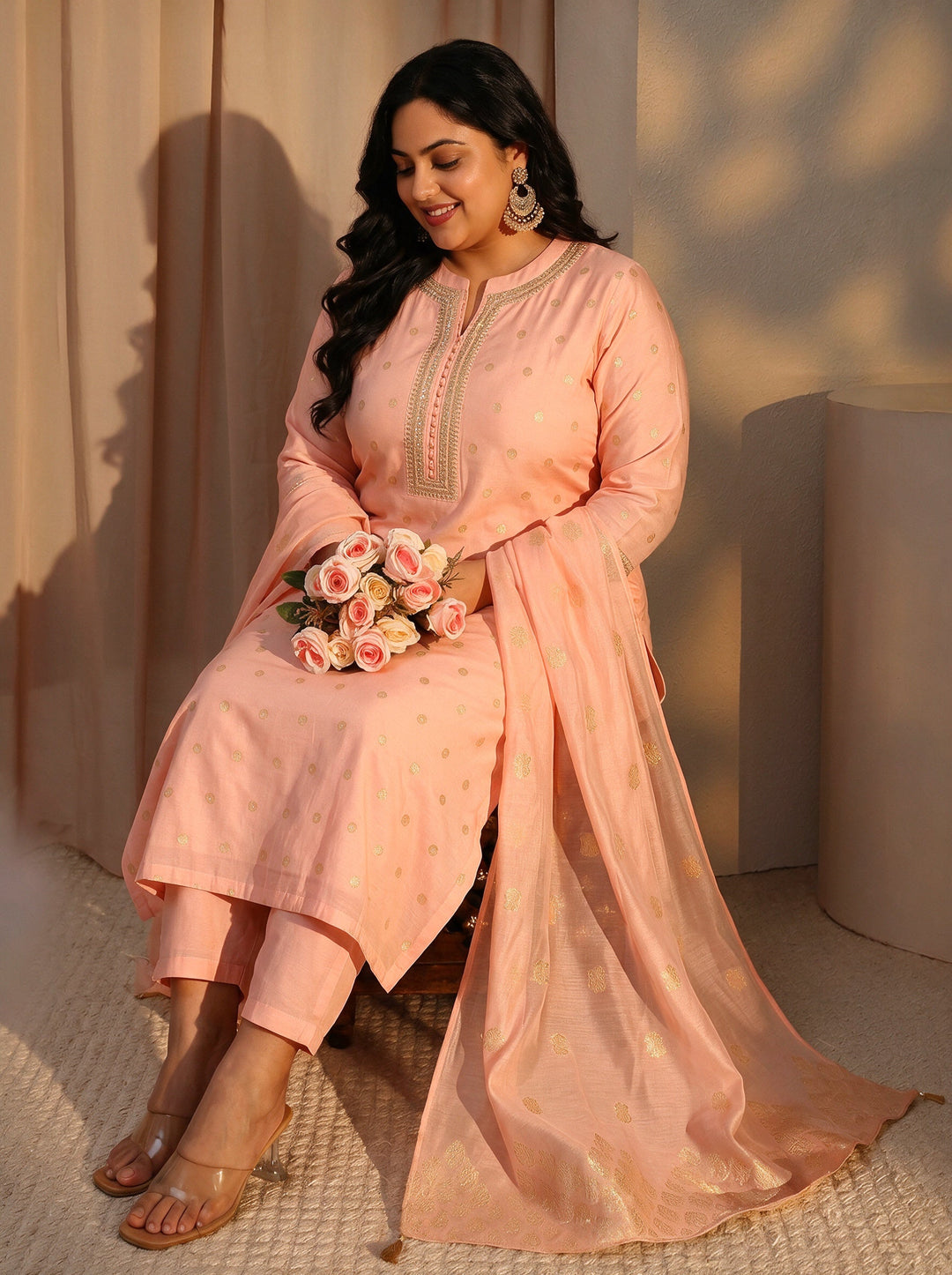 Plus Size Peach Woven Design Chanderi Silk Straight Suit Set