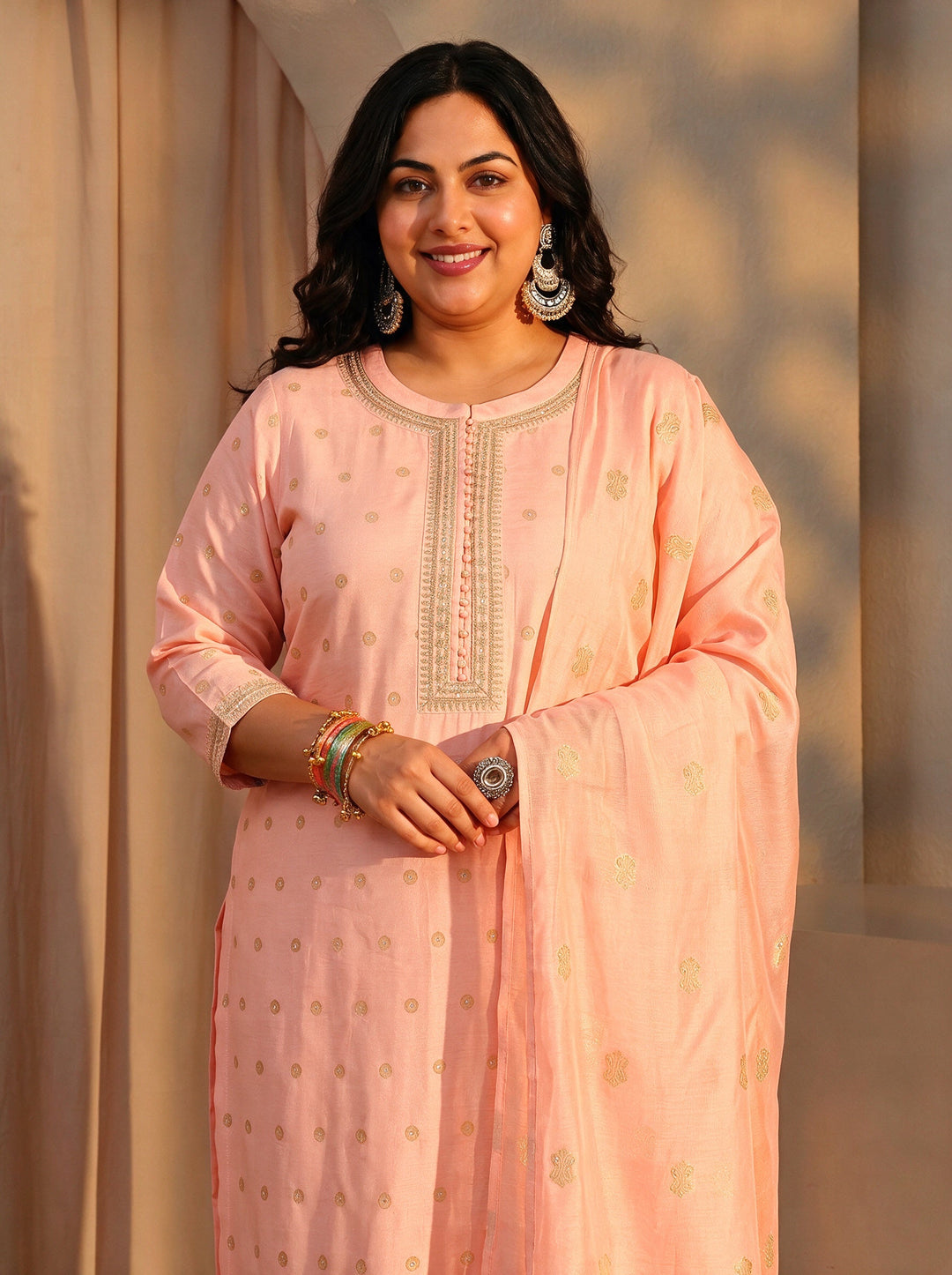 Plus Size Peach Woven Design Chanderi Silk Straight Suit Set