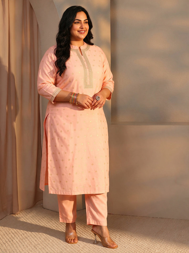 Plus Size Peach Woven Design Chanderi Silk Straight Suit Set