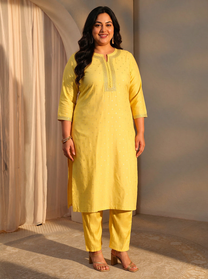 Plus Size Yellow Woven Design Chanderi Silk Straight Suit Set