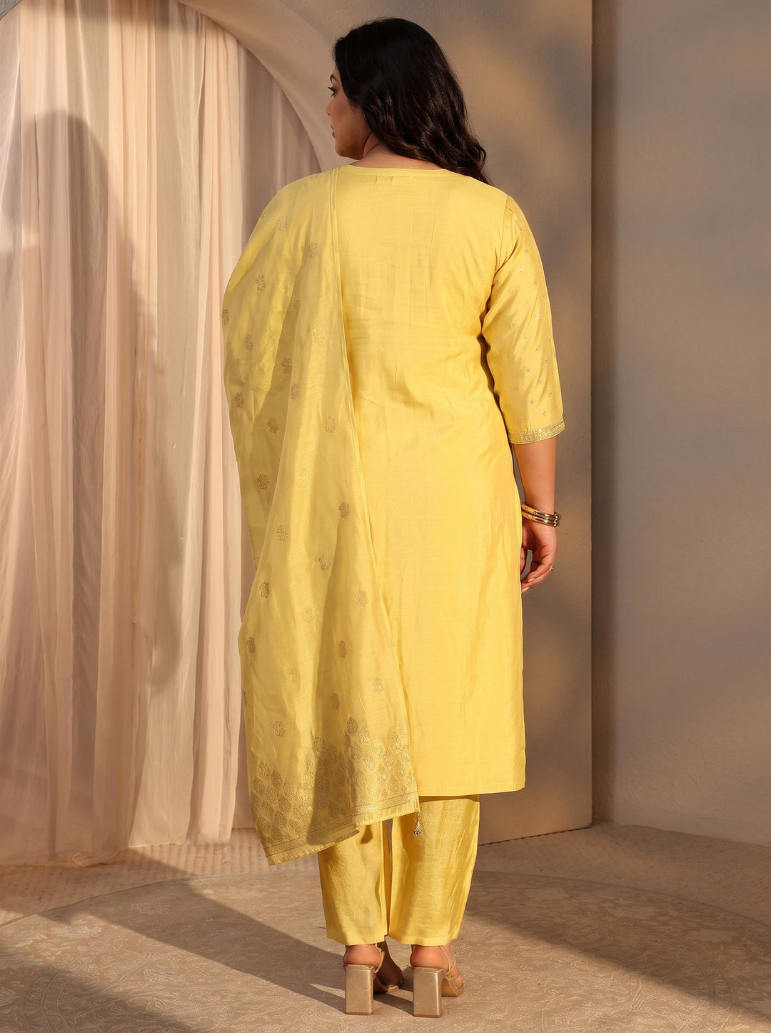 Plus Size Yellow Woven Design Chanderi Silk Straight Suit Set