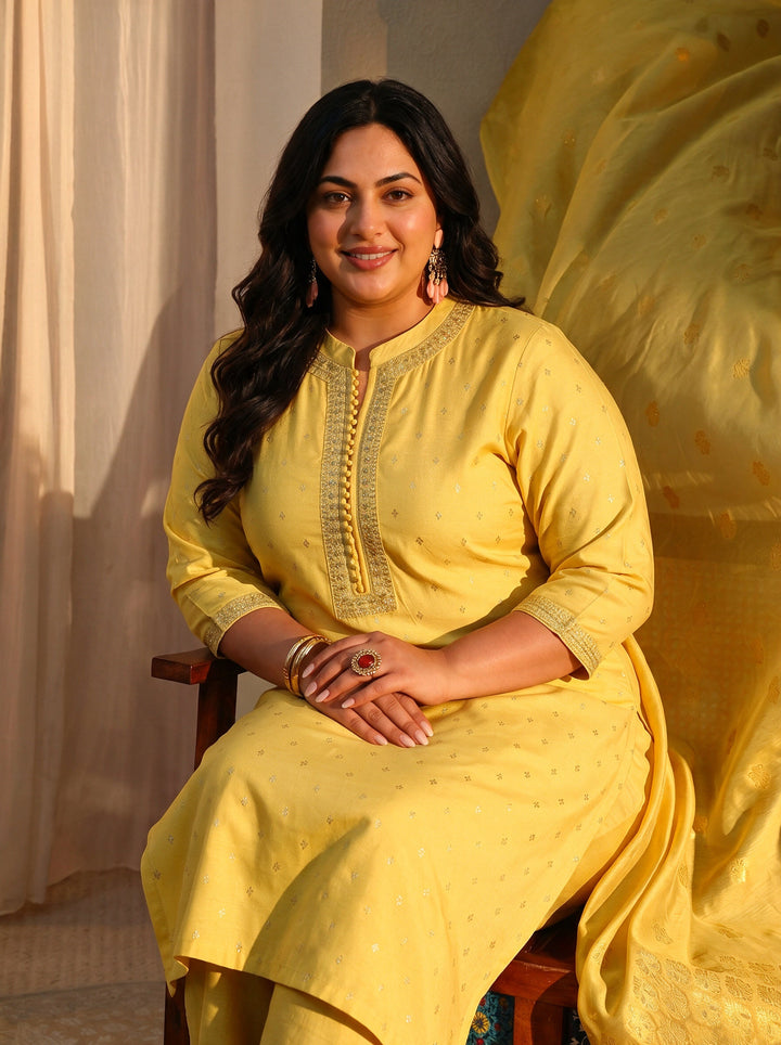 Plus Size Yellow Woven Design Chanderi Silk Straight Suit Set
