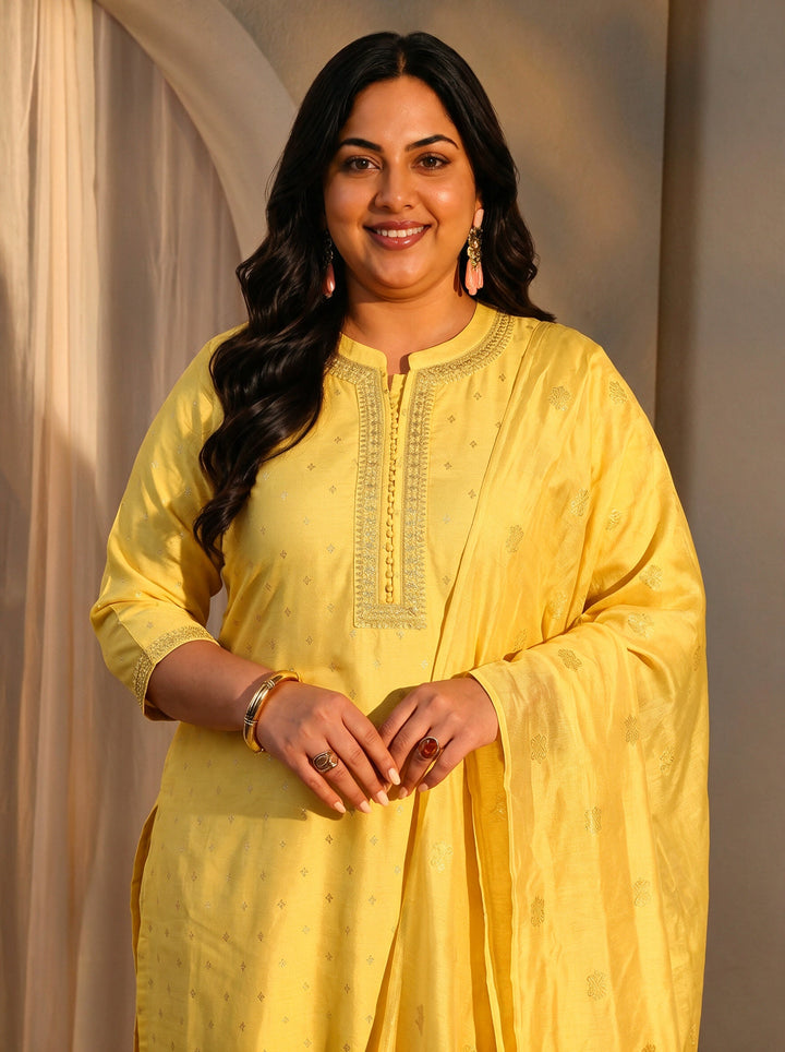 Plus Size Yellow Woven Design Chanderi Silk Straight Suit Set
