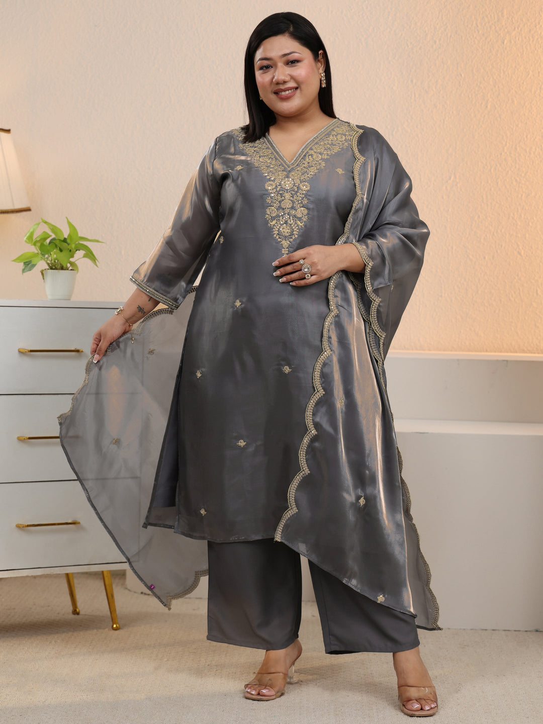 Plus Size Slate Grey Floral Embellished Tissue Straight Suit Set