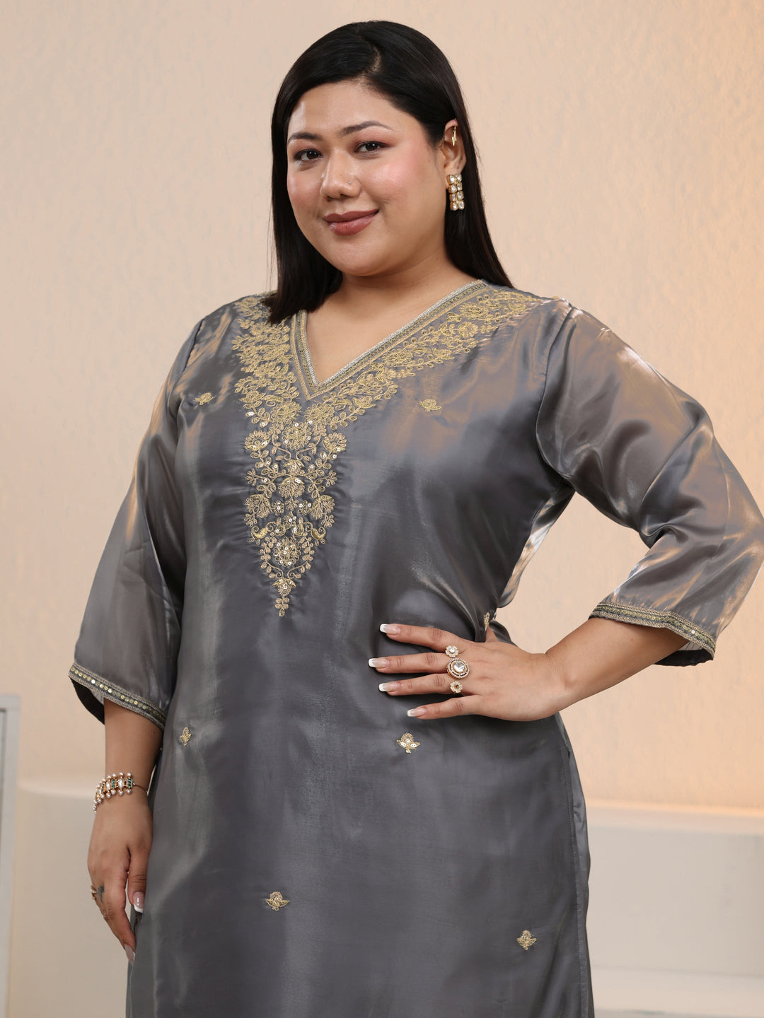 Plus Size Slate Grey Floral Embellished Tissue Straight Suit Set