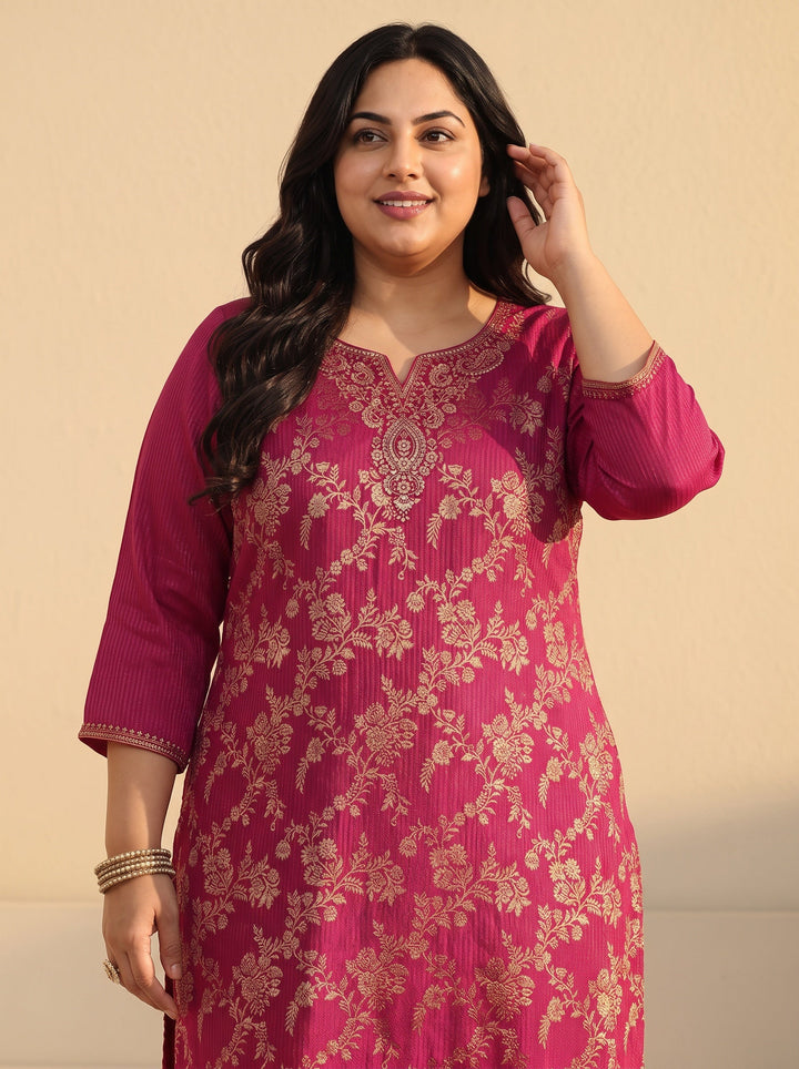 Plus Size Rani Pink Floral Embroidered Silk Blend Straight Suit Set