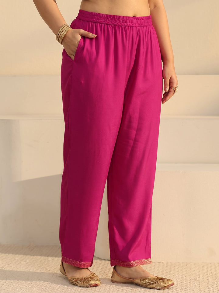 Plus Size Rani Pink Floral Embroidered Silk Blend Straight Suit Set