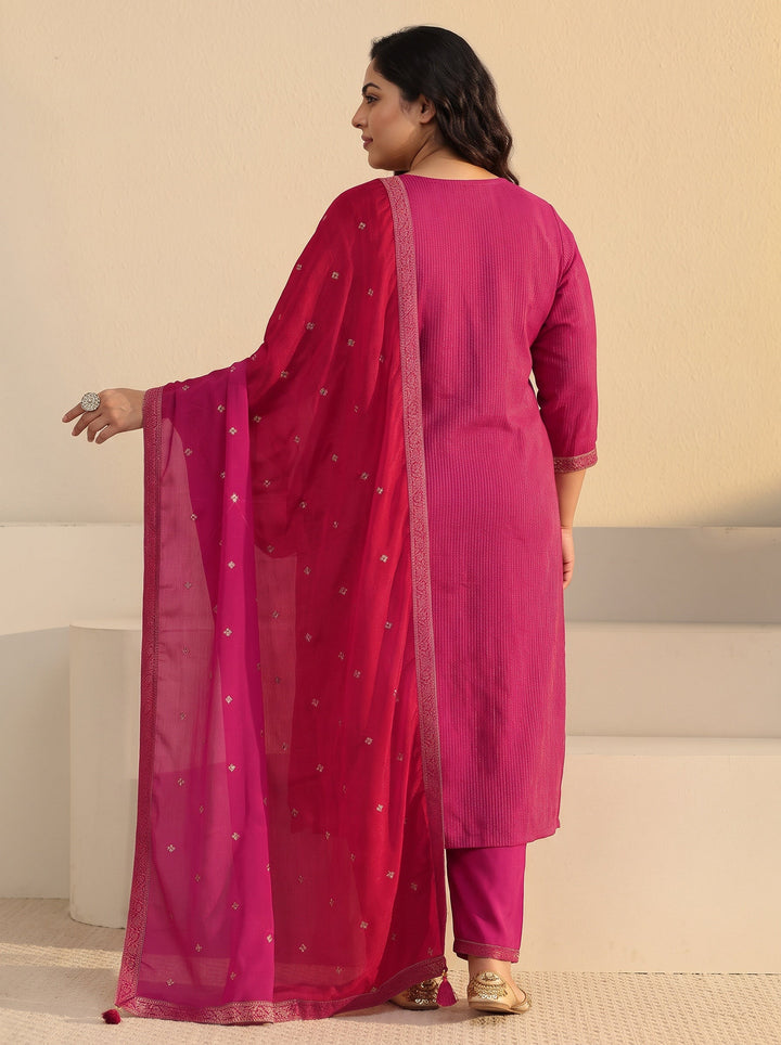 Plus Size Rani Pink Floral Embroidered Silk Blend Straight Suit Set