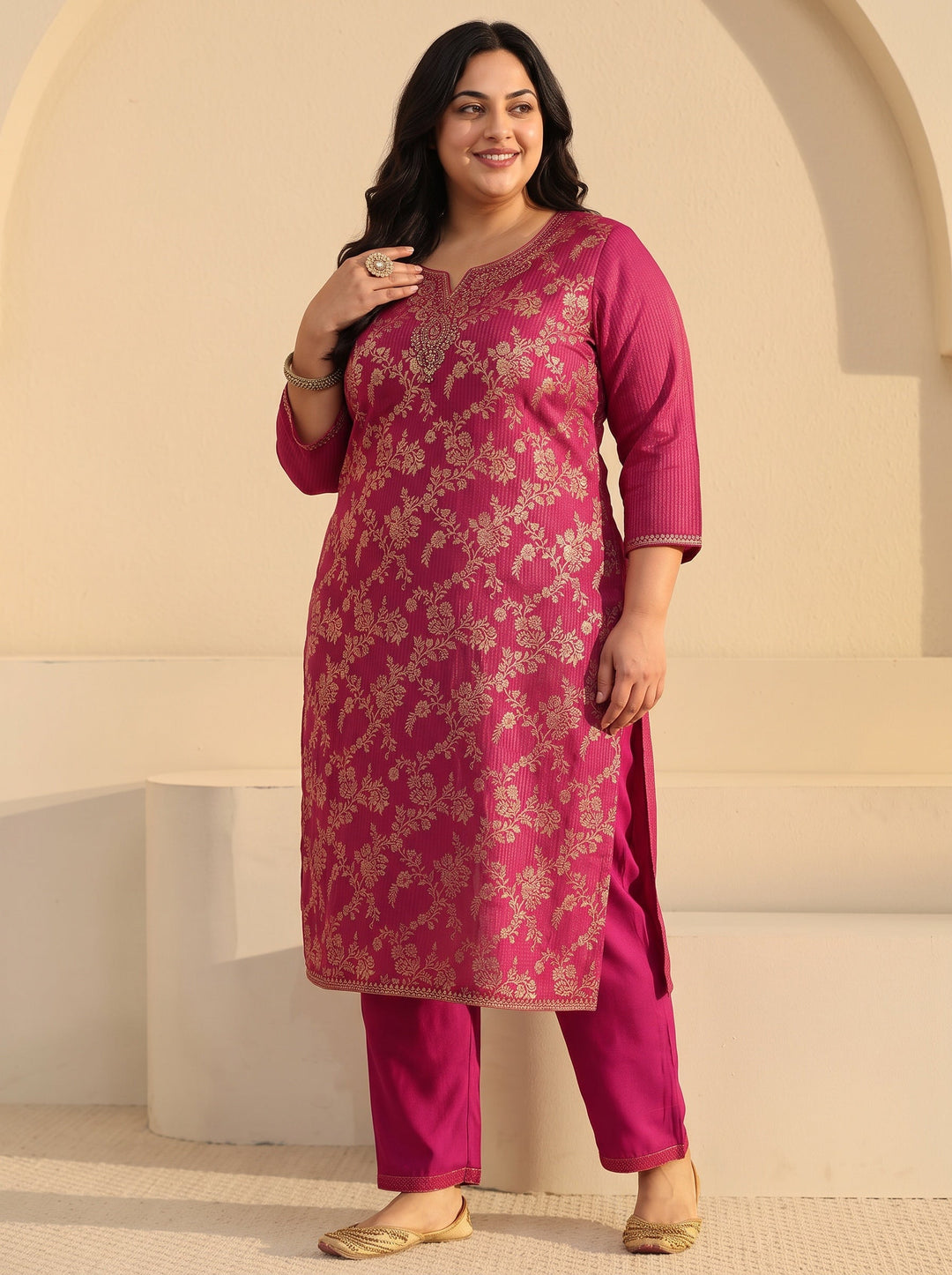 Plus Size Rani Pink Floral Embroidered Silk Blend Straight Suit Set