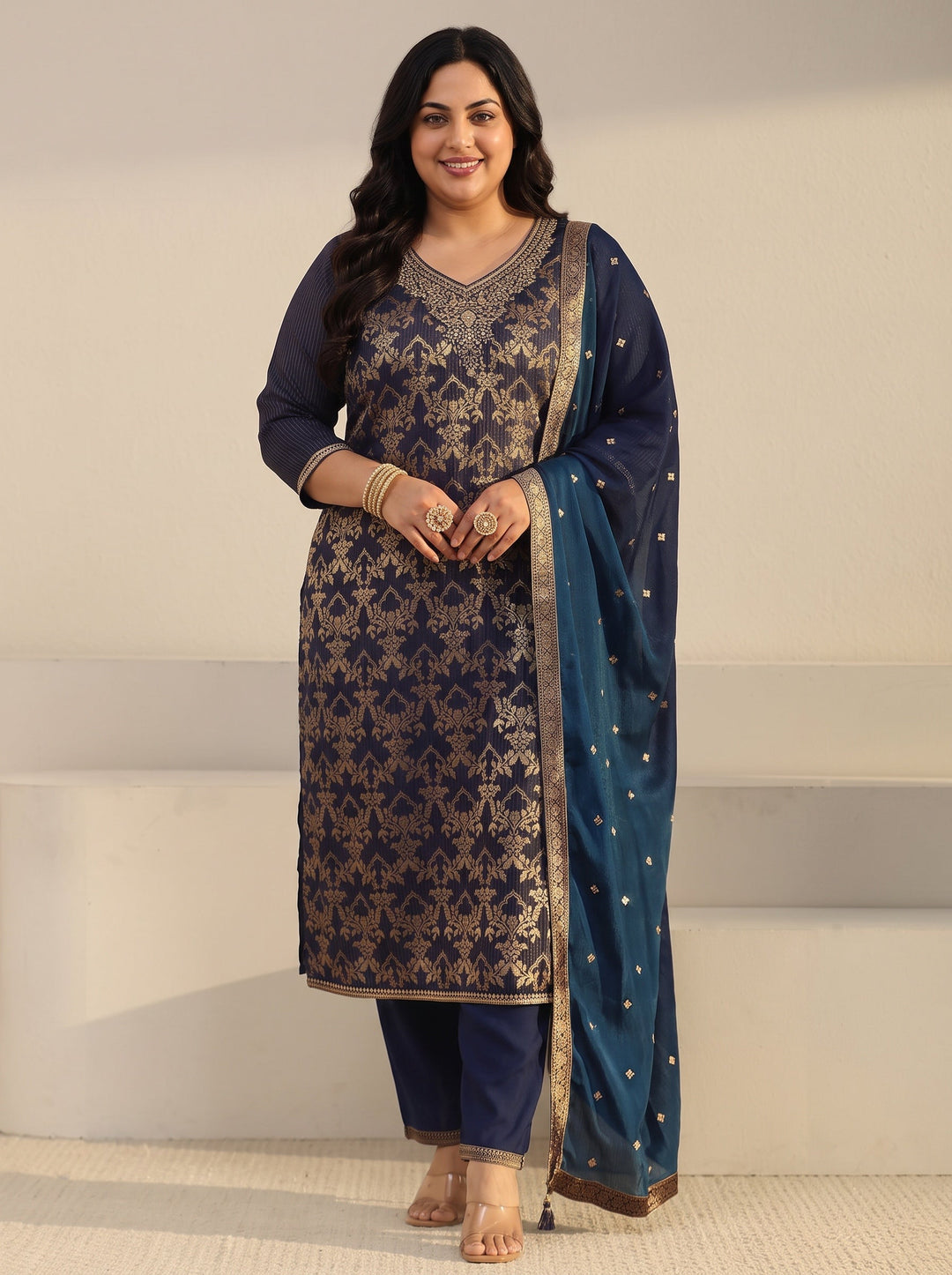 Plus Size Navy Blue Floral Embroidered Silk Blend Straight Suit Set