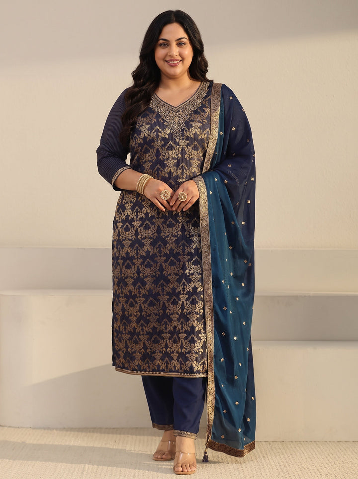Plus Size Navy Blue Floral Embroidered Silk Blend Straight Suit Set