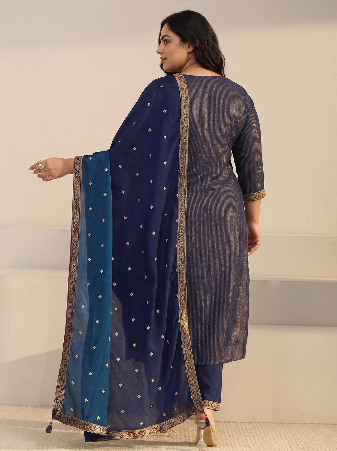 Plus Size Navy Blue Floral Embroidered Silk Blend Straight Suit Set