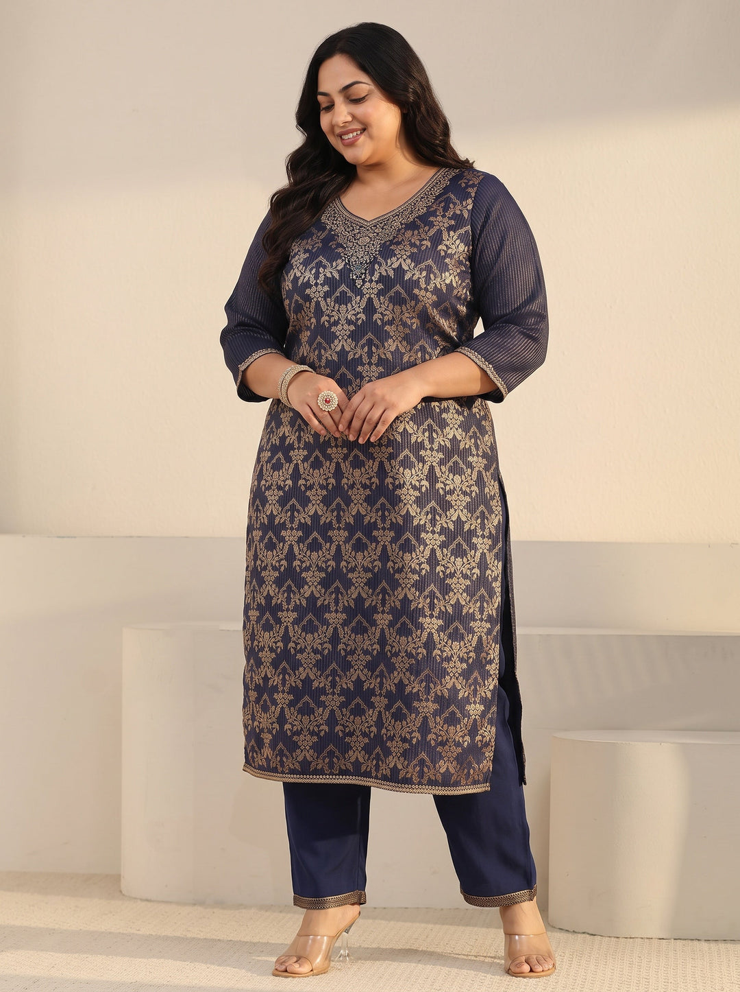 Plus Size Navy Blue Floral Embroidered Silk Blend Straight Suit Set