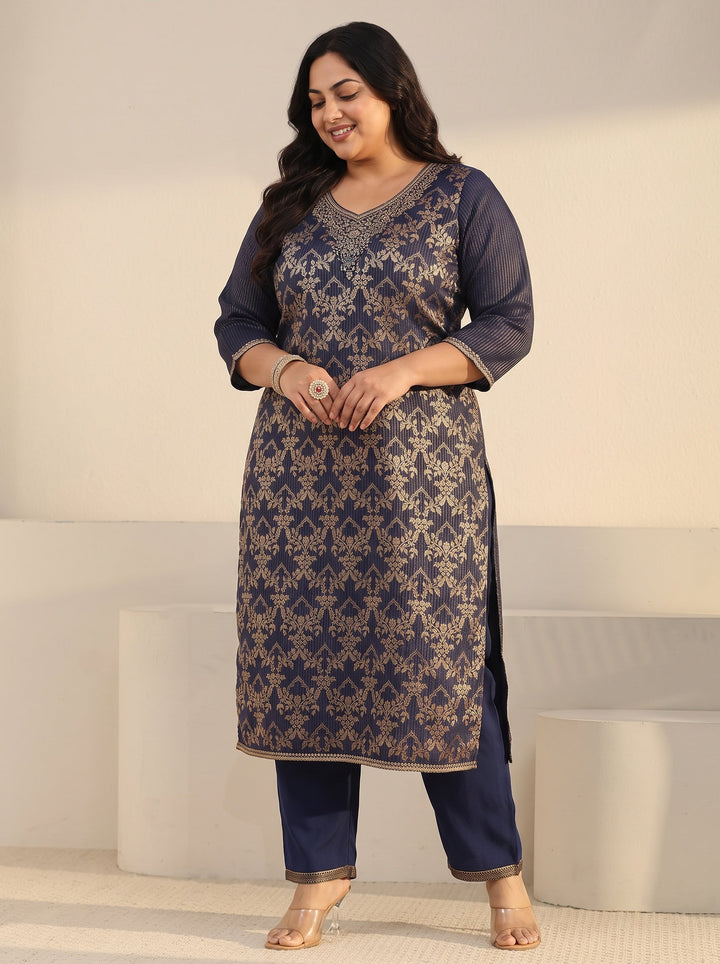 Plus Size Navy Blue Floral Embroidered Silk Blend Straight Suit Set