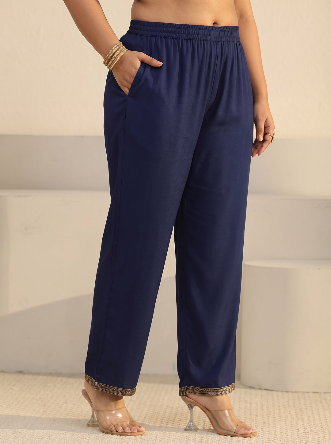 Plus Size Navy Blue Floral Embroidered Silk Blend Straight Suit Set