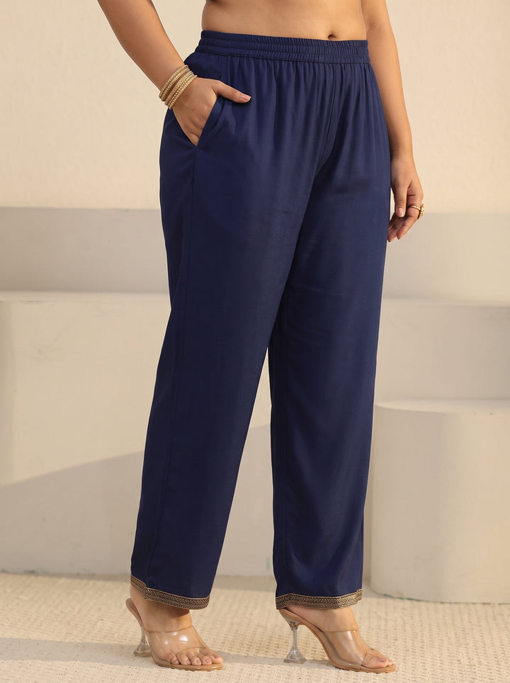 Plus Size Navy Blue Floral Embroidered Silk Blend Straight Suit Set