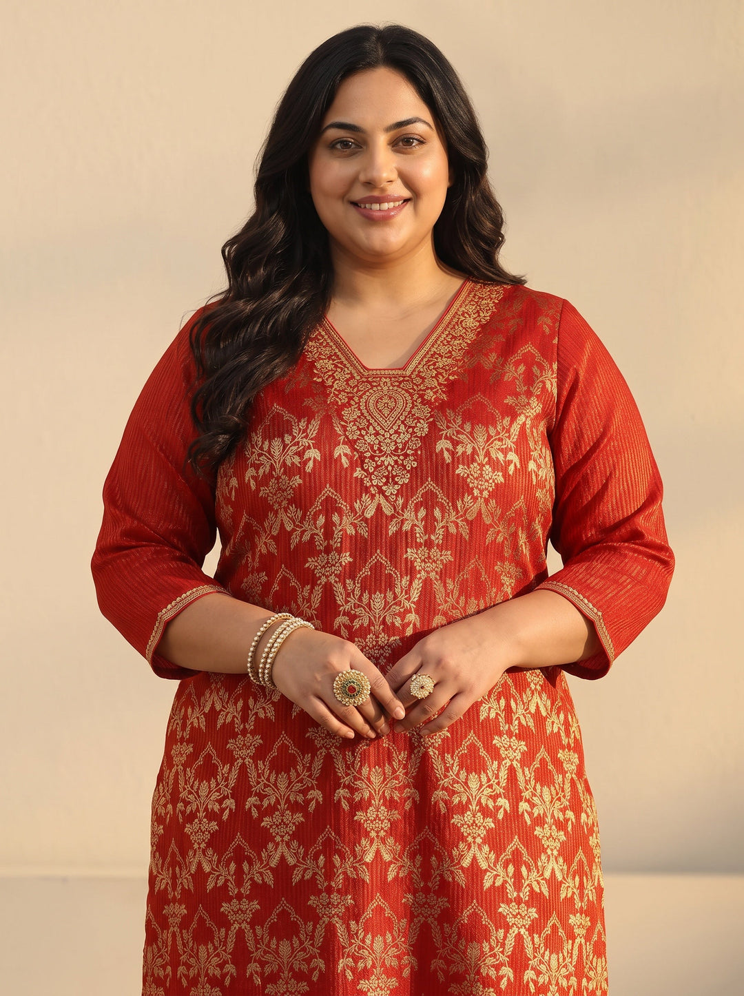 Plus Size Orange Floral Embroidered Silk Blend Straight Suit Set