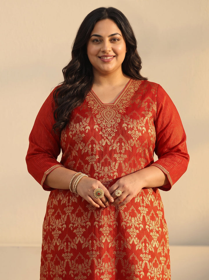 Plus Size Orange Floral Embroidered Silk Blend Straight Suit Set