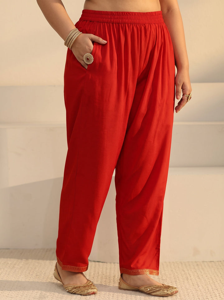 Plus Size Orange Floral Embroidered Silk Blend Straight Suit Set