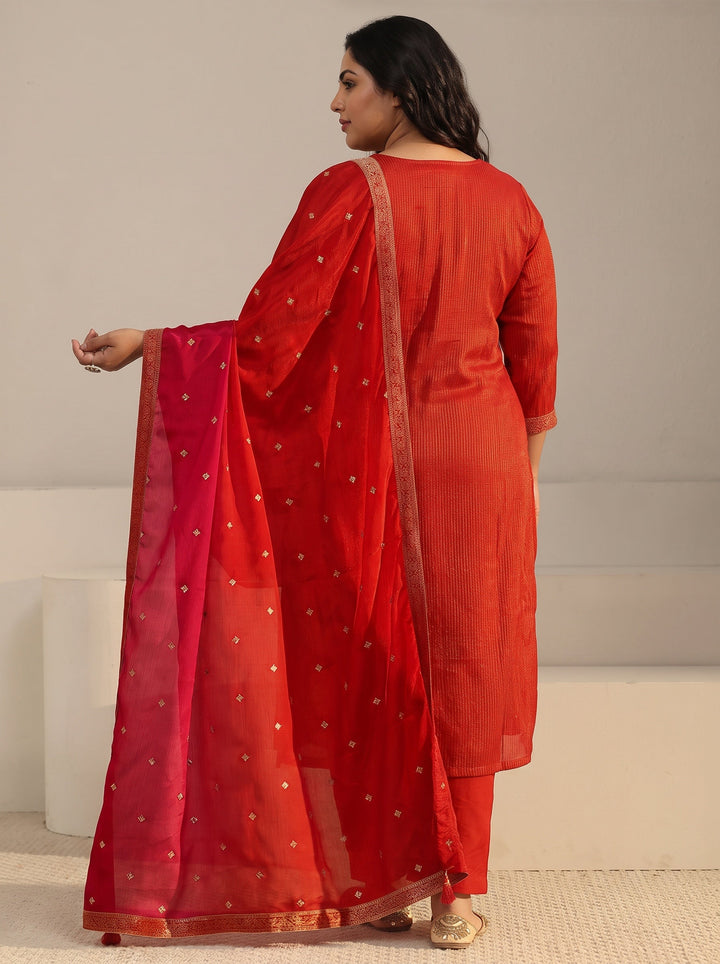 Plus Size Orange Floral Embroidered Silk Blend Straight Suit Set