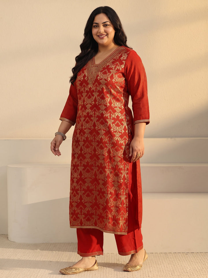 Plus Size Orange Floral Embroidered Silk Blend Straight Suit Set