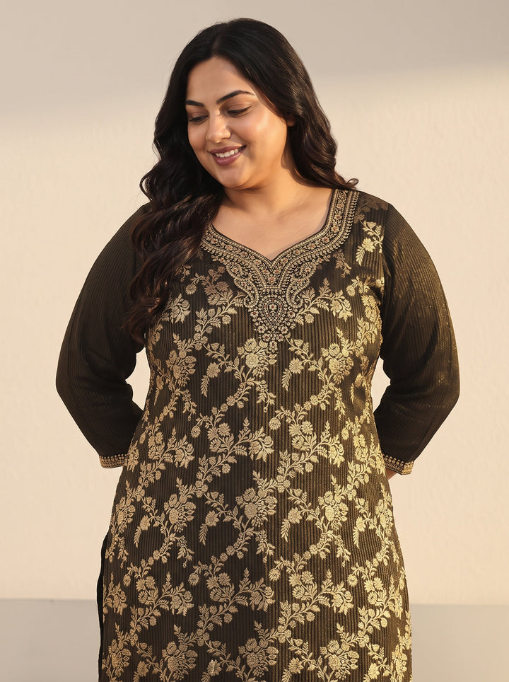 Plus Size Black Floral Embroidered Silk Blend Straight Suit Set