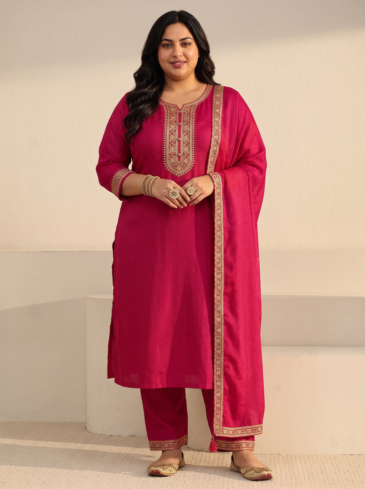 Plus Size Rani Pink Floral Embroidered Chinon Straight Suit Set